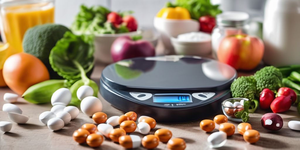 weight loss pills on a scale with healthy food in the background