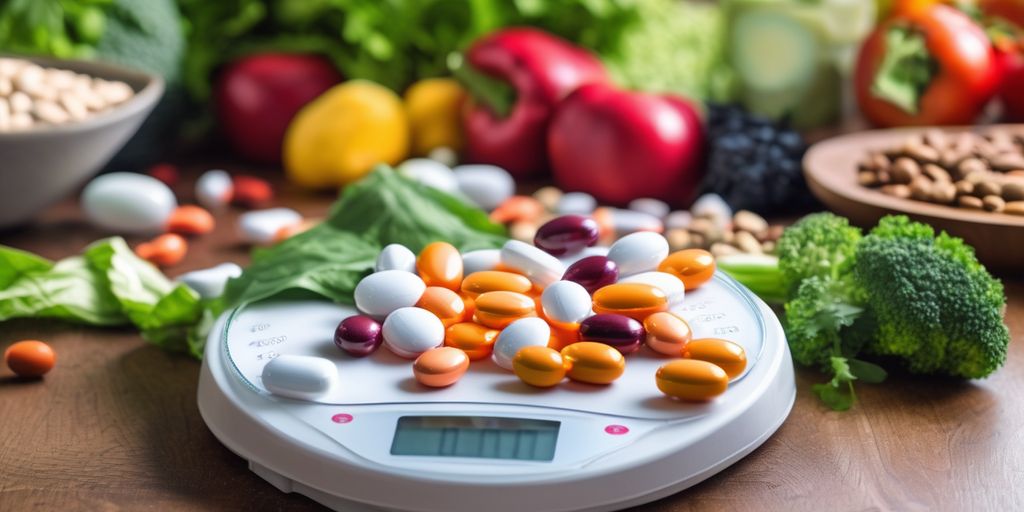 weight loss pills on a scale with healthy food in the background