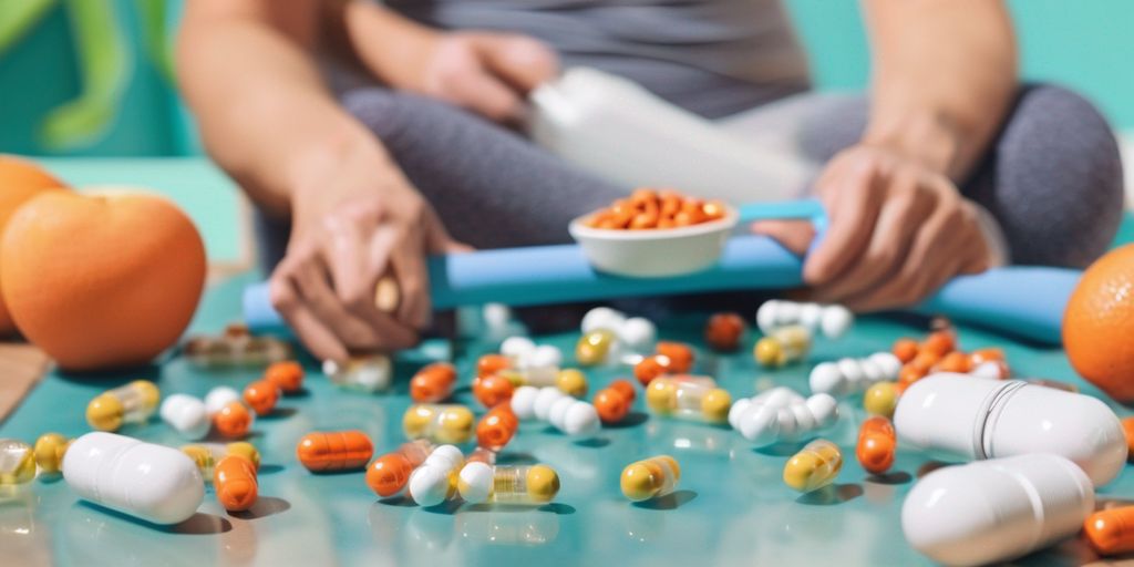 person holding diet pills with healthy food and exercise equipment in background