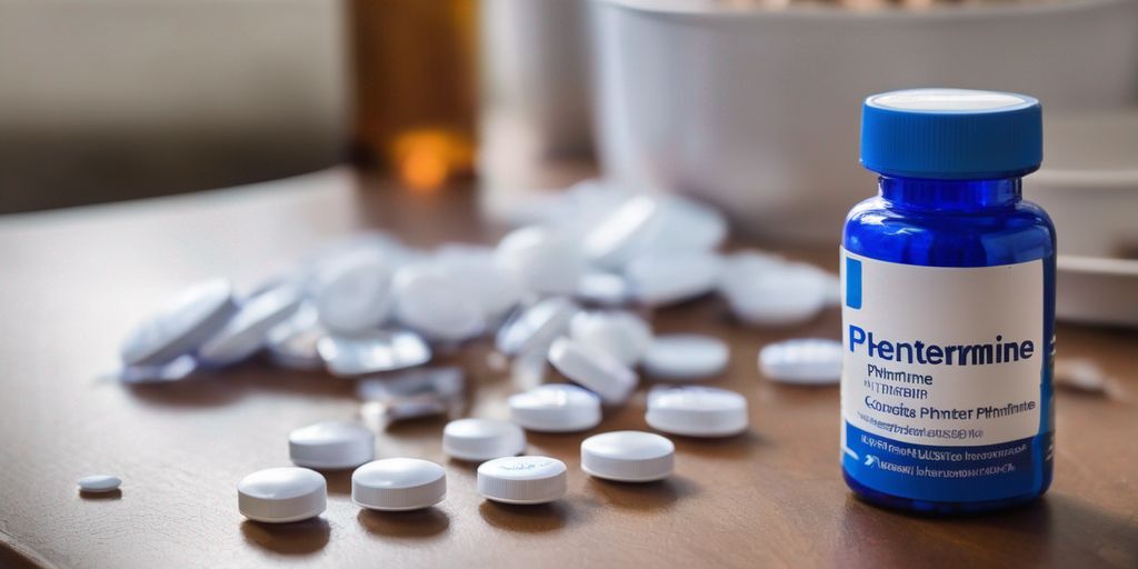 phentermine pills on a table with worried person in background