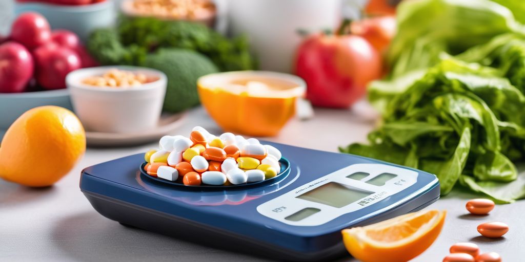 weight loss pills on a scale with healthy food in the background