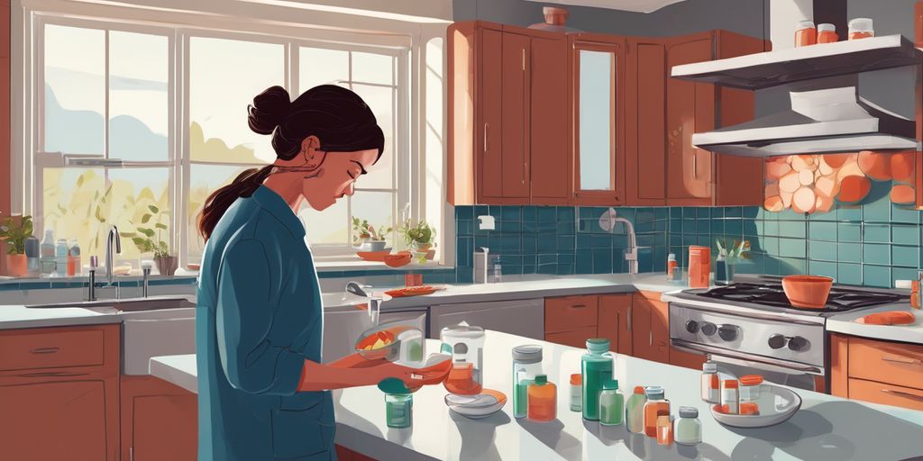 person taking medication in a modern kitchen