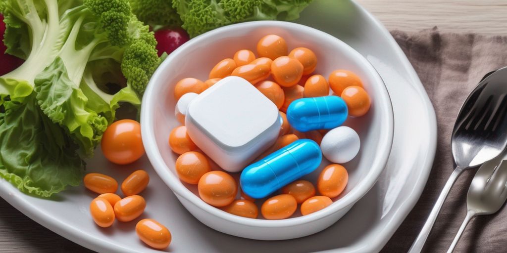 phentermine pills on a plate with healthy food