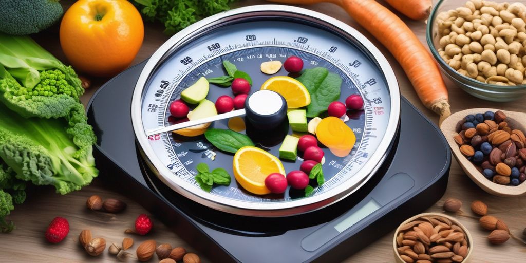 weight loss supplements on a scale with healthy food in the background