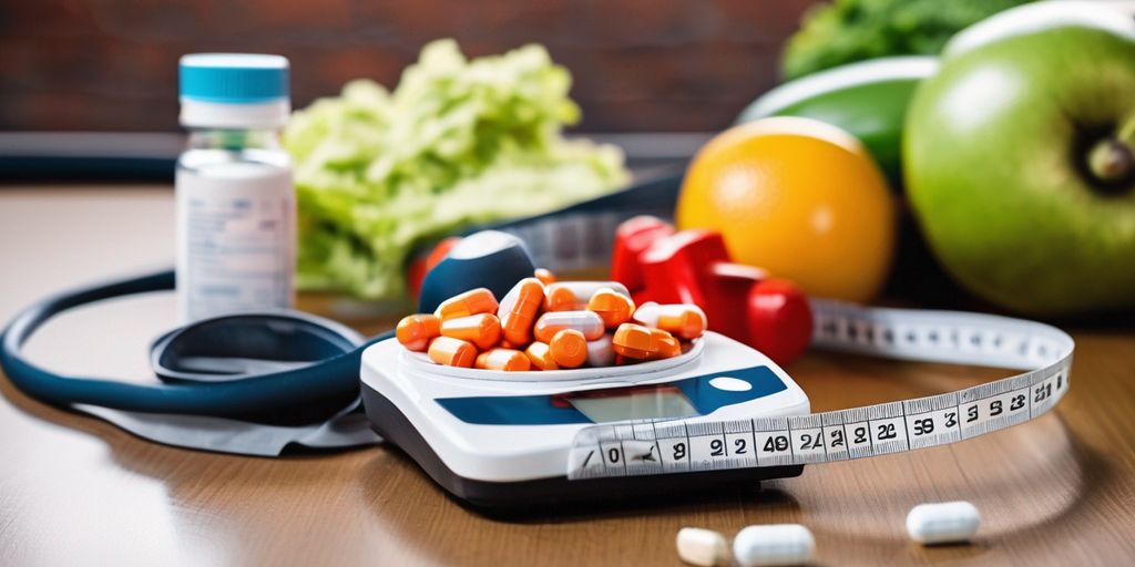 weight loss pills on a scale with healthy food and gym equipment in the background