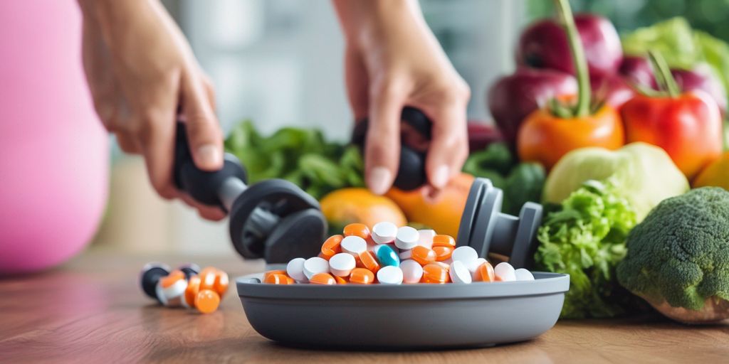 person holding weight loss pills with healthy food and gym equipment in background