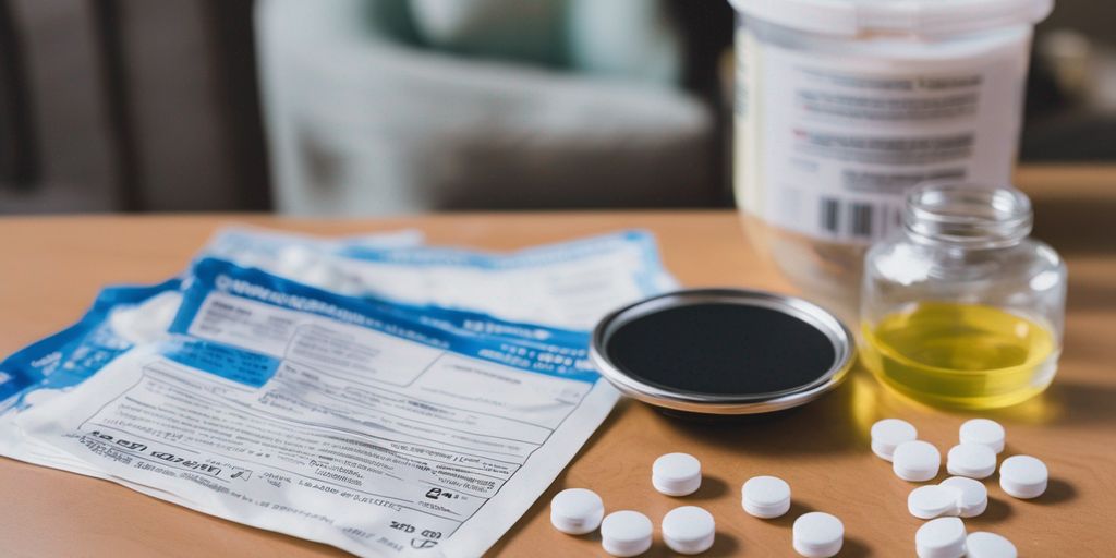 weight loss pills on a table with warning labels and a concerned person reading a pamphlet