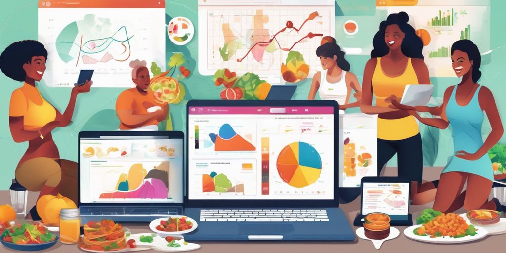 group of diverse people using laptops and mobile devices for online weight loss program with health charts and food illustrations in background