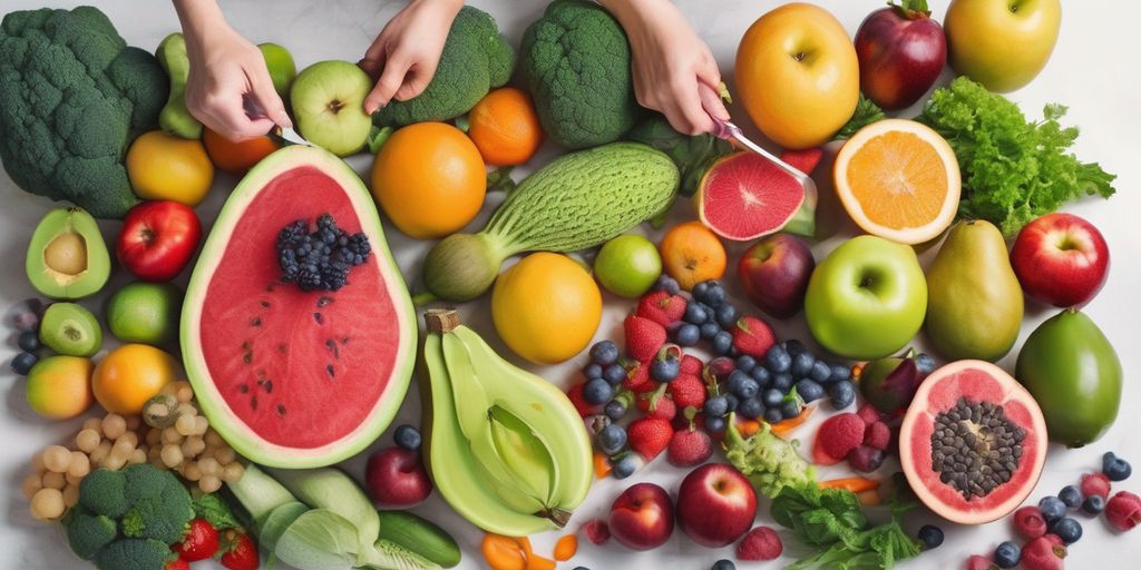 healthy food choices and weight loss concept with a person measuring waist and a variety of fresh fruits and vegetables on a table