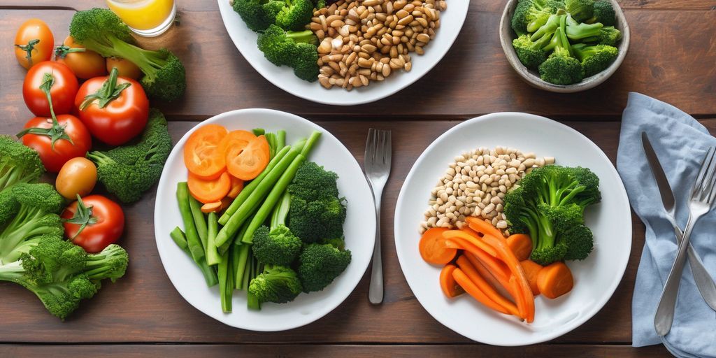 healthy dinner plate with vegetables and lean protein on a dining table