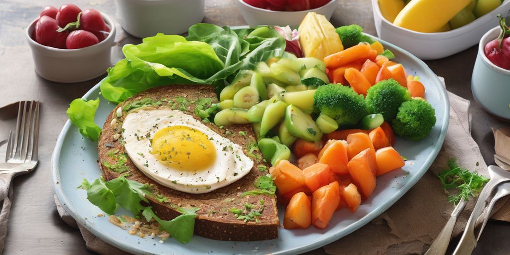 healthy lunch meal on table with fresh vegetables and fruits