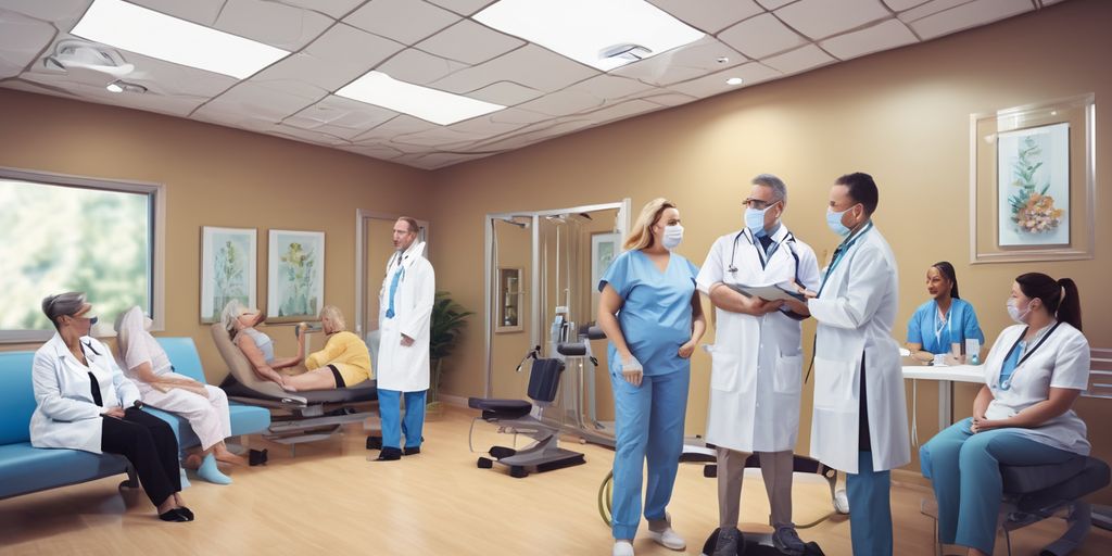 weight loss clinic interior with doctors and patients discussing phentermine