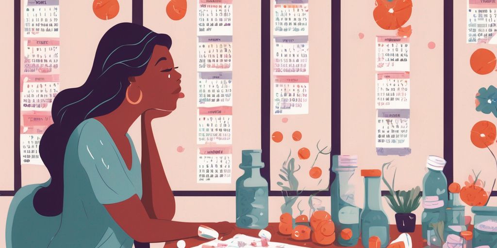 woman looking at calendar with pills and fertility symbols