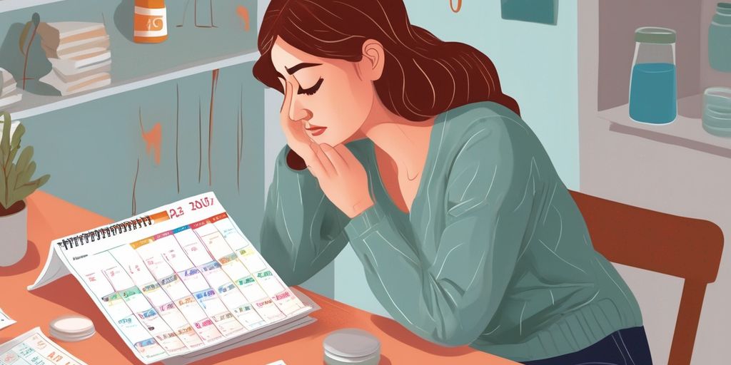 woman looking at calendar feeling abdominal pain medication on table