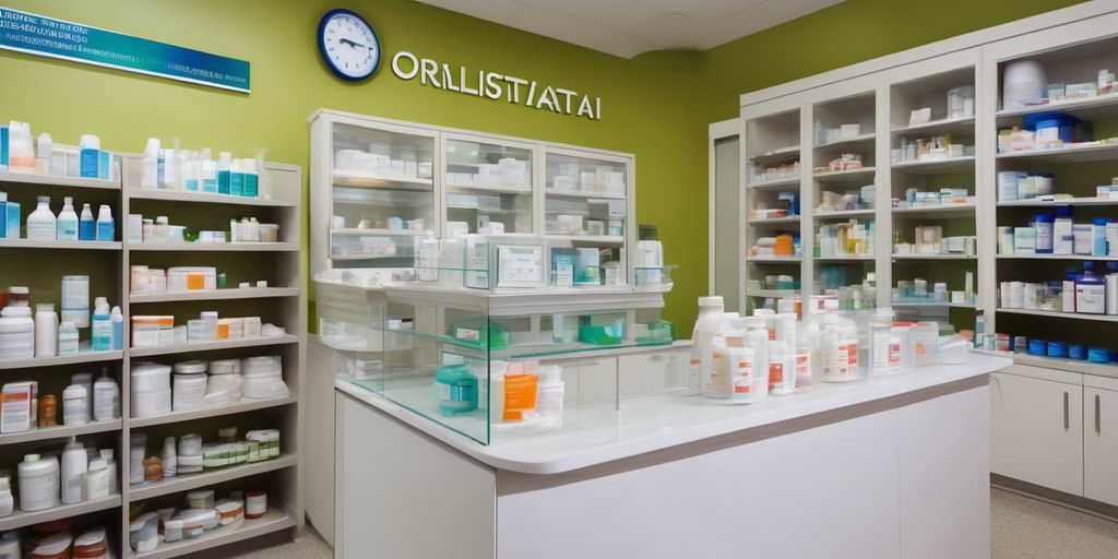 weight loss clinic interior with Orlistat medication on display