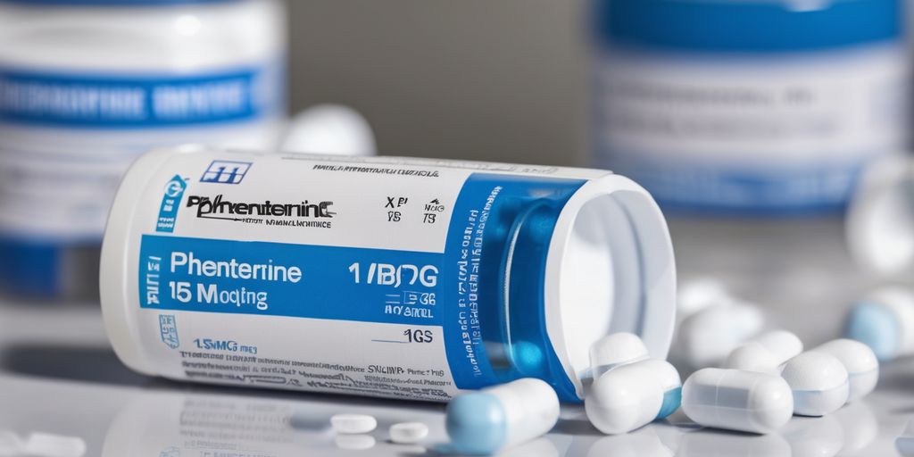 phentermine 15mg pills close-up with medical professionals discussing in background