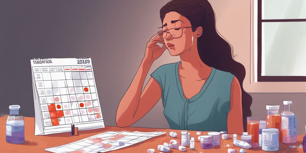 woman looking at calendar feeling unwell with medication on table