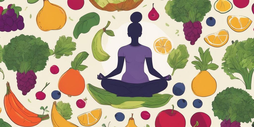 healthy food choices and mindful eating concept with a person meditating surrounded by fruits and vegetables