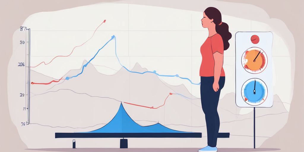 person standing on a scale looking thoughtful with a graph showing weight loss plateau