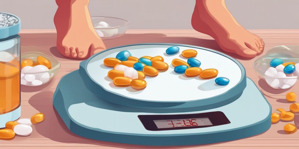 person looking at different weight loss pills on a scale