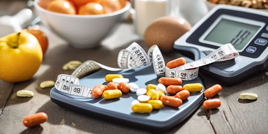 weight loss pills on a scale with measuring tape and healthy food in the background