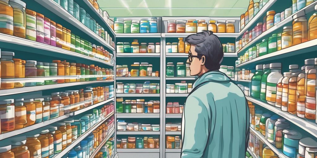 person looking at variety of diet pills in pharmacy