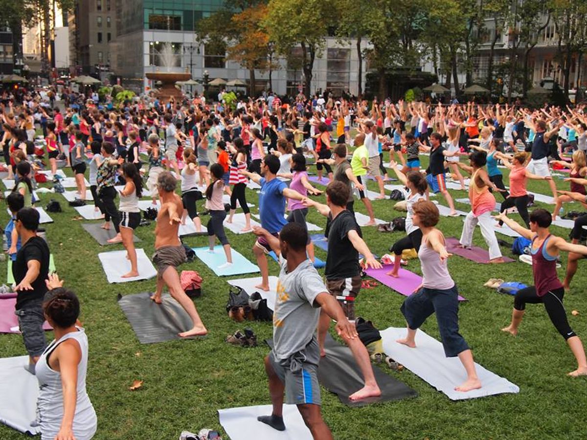 people practicing yoga in a serene park